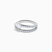 The Lab Grown Diamond Wrap around Pear Ring in 14K White Gold showcases a pear-shaped central diamond and a split shank adorned with lab diamonds, elegantly displayed on a plain white background.