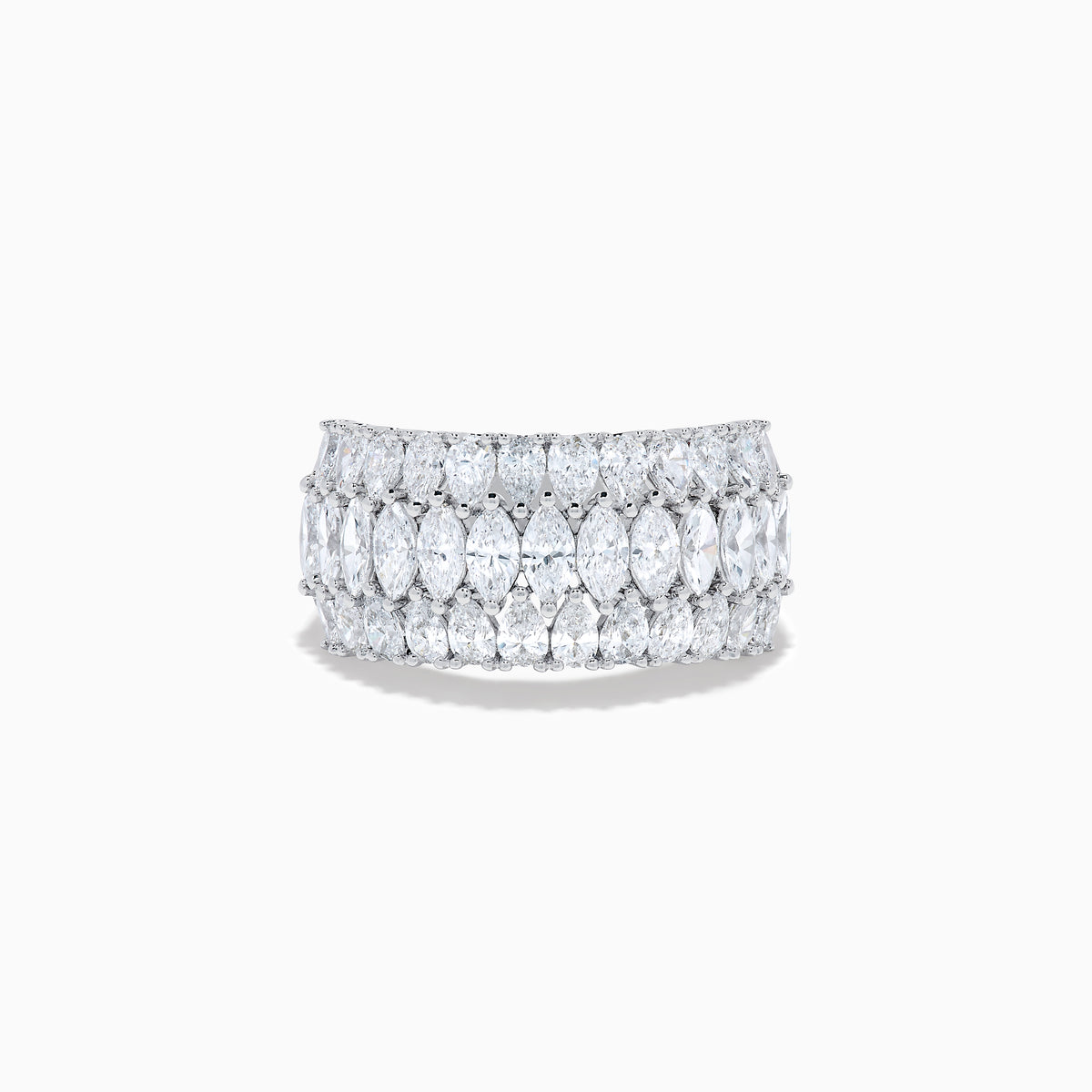 The Lab Grown Pear and Marquise Diamond Wide Band Ring in 14K White Gold features three rows of marquise-cut diamonds, beautifully set on a wide band and displayed against a plain white background.