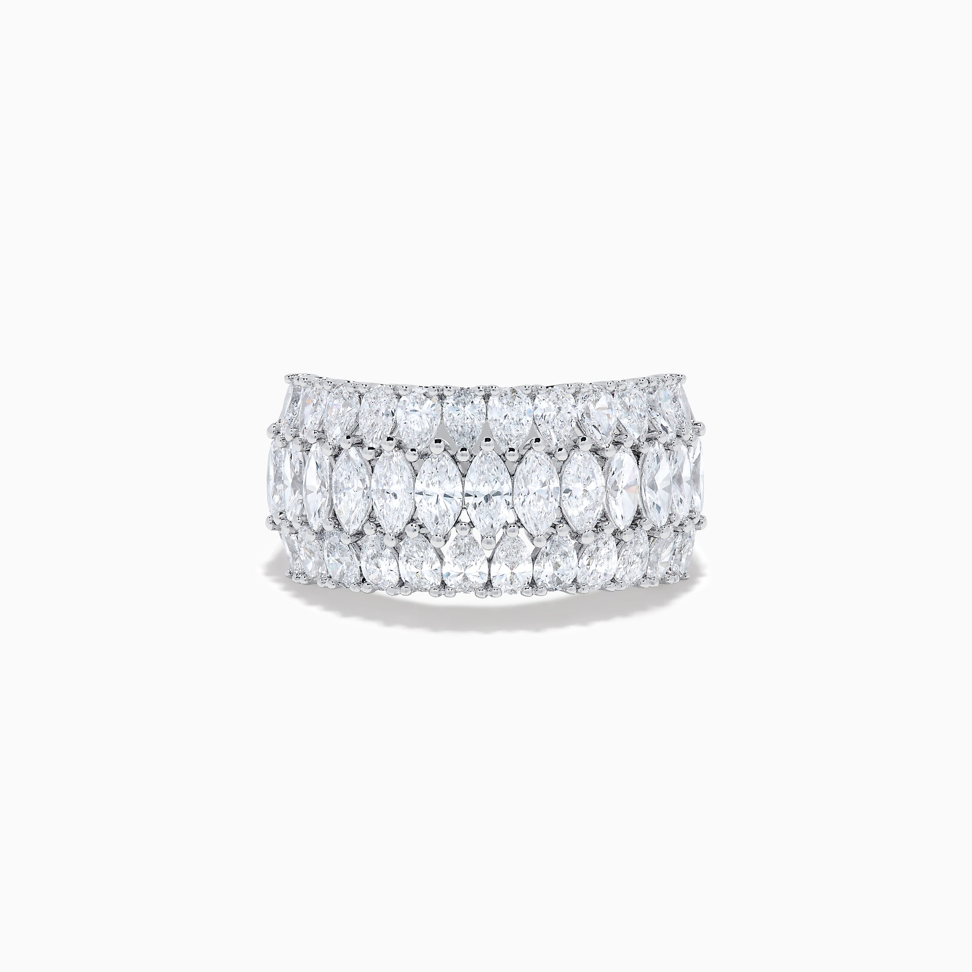 The Lab Grown Pear and Marquise Diamond Wide Band Ring in 14K White Gold features three rows of marquise-cut diamonds, beautifully set on a wide band and displayed against a plain white background.