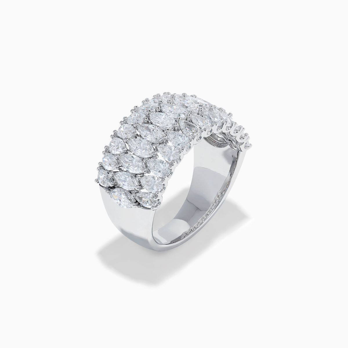 The Lab Grown Pear and Marquise Diamond Wide Band Ring in 14K White Gold features three rows of marquise-cut diamonds, beautifully set on a wide band and displayed against a plain white background.