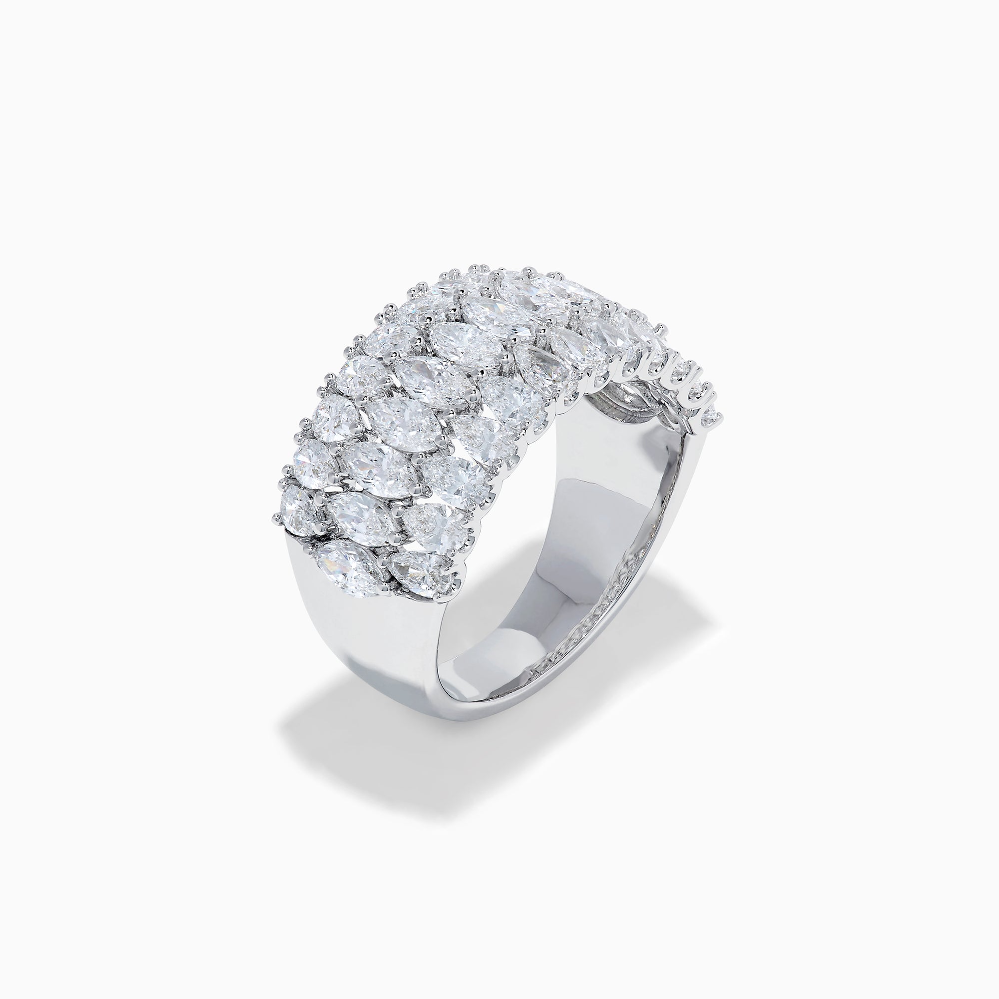 The Lab Grown Pear and Marquise Diamond Wide Band Ring in 14K White Gold features three rows of marquise-cut diamonds, beautifully set on a wide band and displayed against a plain white background.