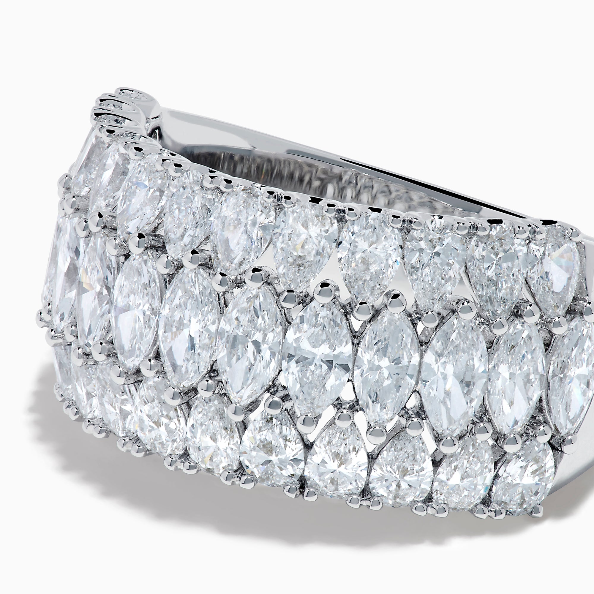 The Lab Grown Pear and Marquise Diamond Wide Band Ring in 14K White Gold features three rows of marquise-cut diamonds, beautifully set on a wide band and displayed against a plain white background.