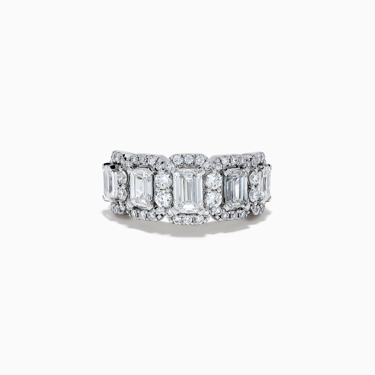 The Lab Grown Emerald Cut Diamond Halo Band in 14K White Gold showcases a luxurious row of large emerald-cut lab grown diamonds, accented by smaller round diamonds in an intricate halo design.