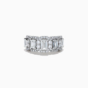 The Lab Grown Emerald Cut Diamond Halo Band in 14K White Gold showcases a luxurious row of large emerald-cut lab grown diamonds, accented by smaller round diamonds in an intricate halo design.