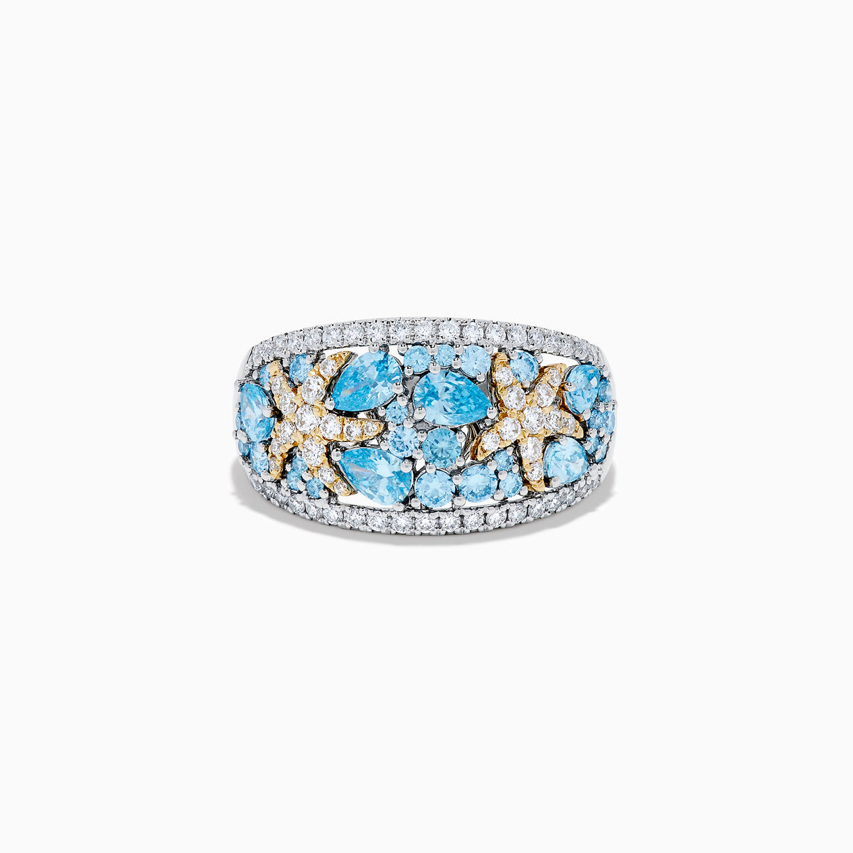 The Lab Grown Blue and White Diamond Starfish Ring in 14K Two Tone Gold features a wide silver band accented with clusters of light blue gemstones, two gold starfish, and sparkling lab grown diamonds, shown on a plain white background.