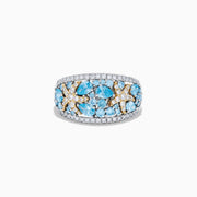 The Lab Grown Blue and White Diamond Starfish Ring in 14K Two Tone Gold features a wide silver band accented with clusters of light blue gemstones, two gold starfish, and sparkling lab grown diamonds, shown on a plain white background.
