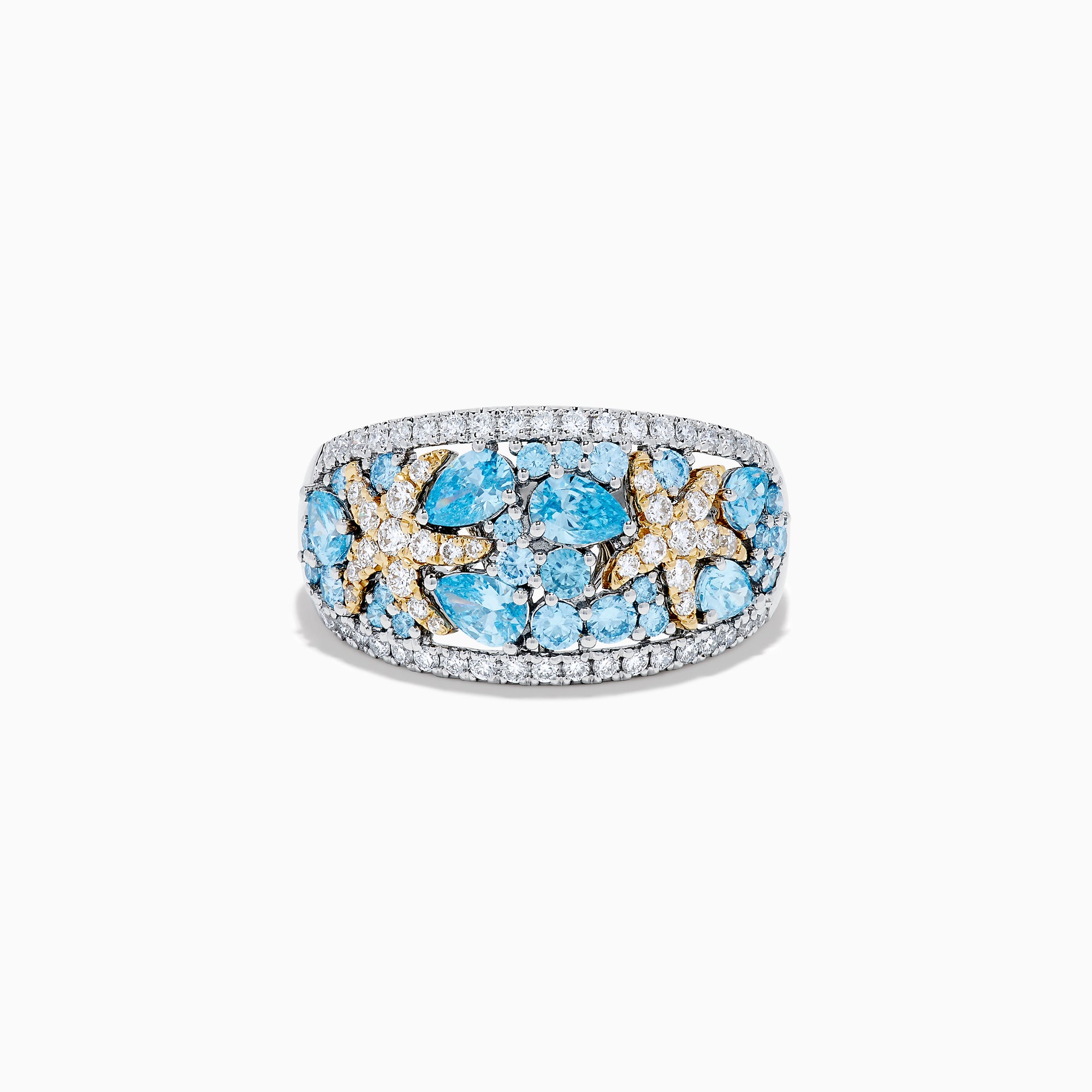 The Lab Grown Blue and White Diamond Starfish Ring in 14K Two Tone Gold features a wide silver band accented with clusters of light blue gemstones, two gold starfish, and sparkling lab grown diamonds, shown on a plain white background.