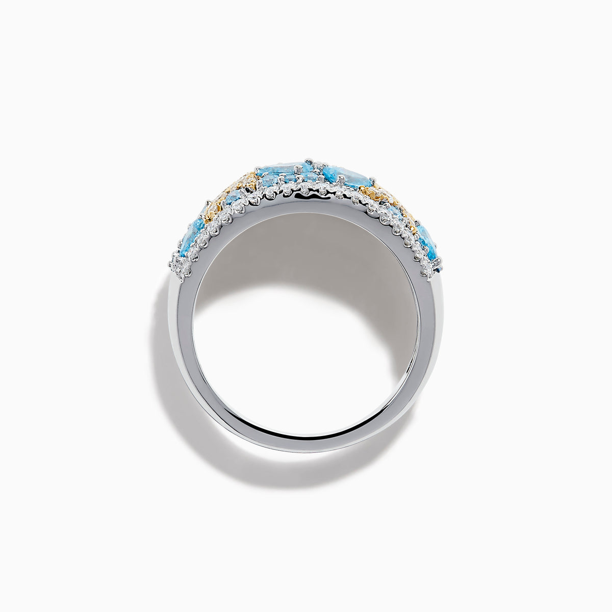 The Lab Grown Blue and White Diamond Starfish Ring in 14K Two Tone Gold features a wide silver band accented with clusters of light blue gemstones, two gold starfish, and sparkling lab grown diamonds, shown on a plain white background.