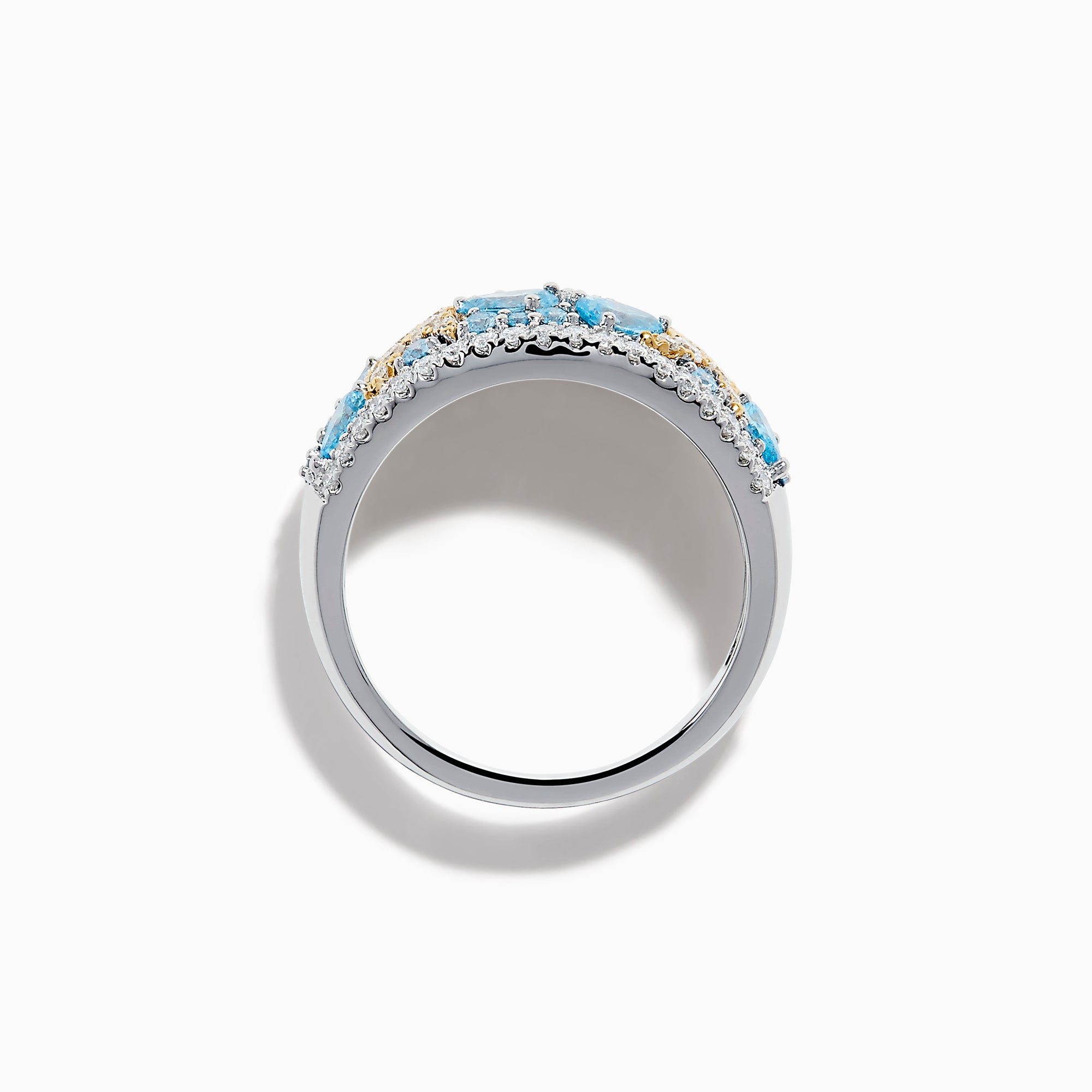 The Lab Grown Blue and White Diamond Starfish Ring in 14K Two Tone Gold features a wide silver band accented with clusters of light blue gemstones, two gold starfish, and sparkling lab grown diamonds, shown on a plain white background.