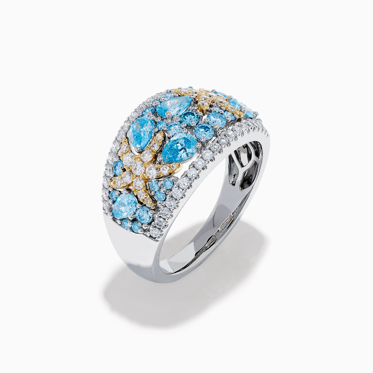 The Lab Grown Blue and White Diamond Starfish Ring in 14K Two Tone Gold features a wide silver band accented with clusters of light blue gemstones, two gold starfish, and sparkling lab grown diamonds, shown on a plain white background.