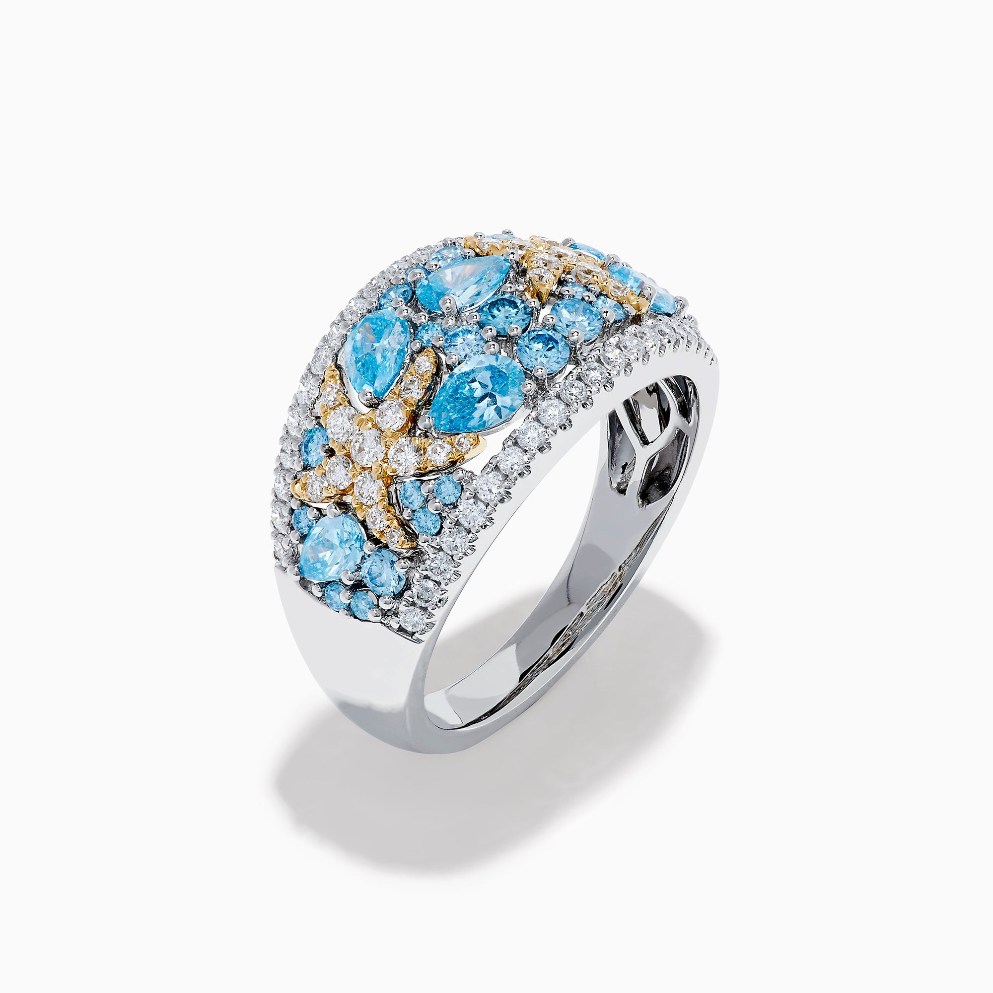 The Lab Grown Blue and White Diamond Starfish Ring in 14K Two Tone Gold features a wide silver band accented with clusters of light blue gemstones, two gold starfish, and sparkling lab grown diamonds, shown on a plain white background.