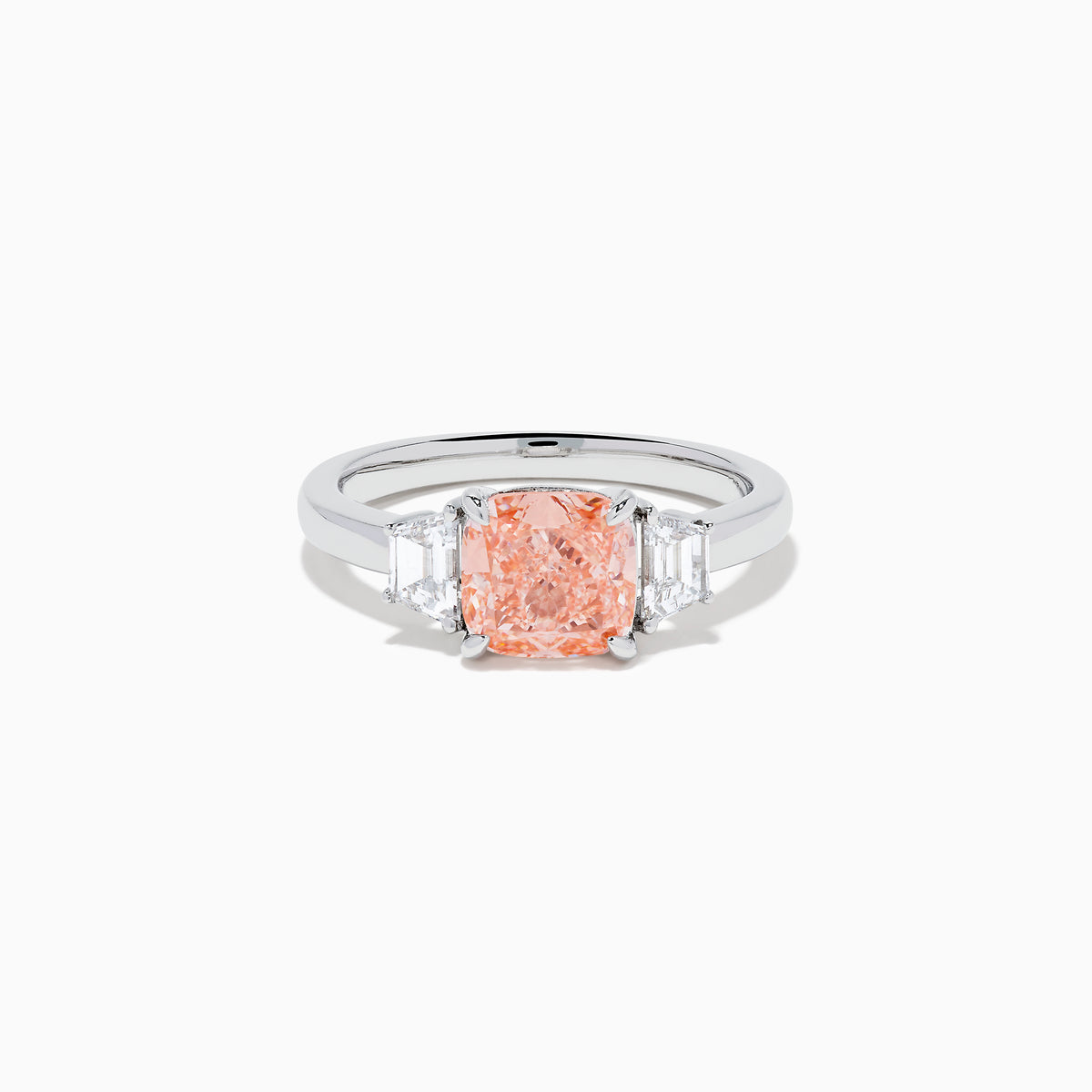 The Lab Grown Pink and White Diamond 3 Stone Ring in 14K White Gold features a rectangular cushion-cut pink center stone with two smaller rectangular white diamonds on each side.