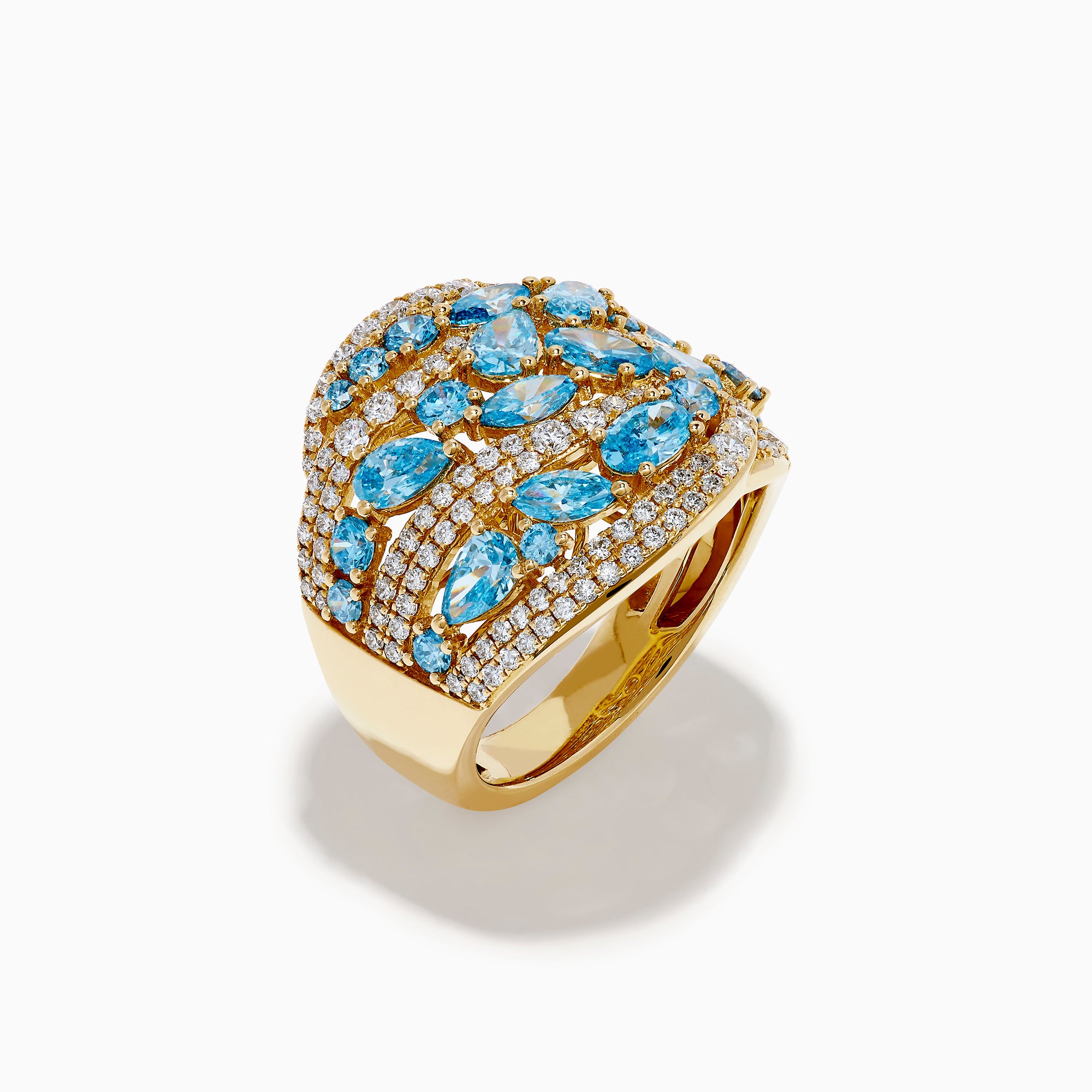 Make a statement with our Lab Grown Blue and White Diamond Statement Ring in 14K Yellow Gold, featuring marquise-cut blue stones and rows of lab-grown diamonds in an elegant wavy design.