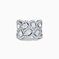 The Lab Grown Multi Shape Diamond Wide Ring in 14K White Gold displays marquise, baguette, and round-cut lab grown diamonds set in an elaborate, interwoven silver design for a sparkling, textured look.