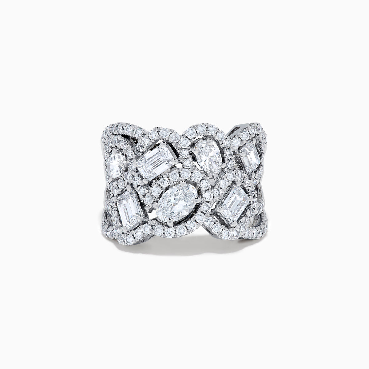 The Lab Grown Multi Shape Diamond Wide Ring in 14K White Gold displays marquise, baguette, and round-cut lab grown diamonds set in an elaborate, interwoven silver design for a sparkling, textured look.