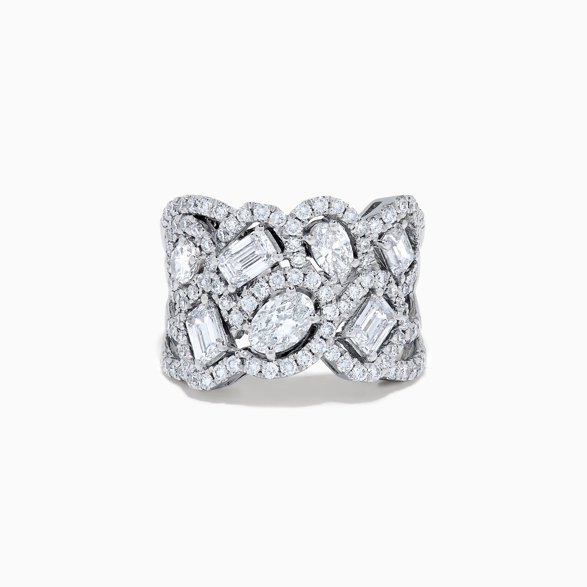 The Lab Grown Multi Shape Diamond Wide Ring in 14K White Gold displays marquise, baguette, and round-cut lab grown diamonds set in an elaborate, interwoven silver design for a sparkling, textured look.