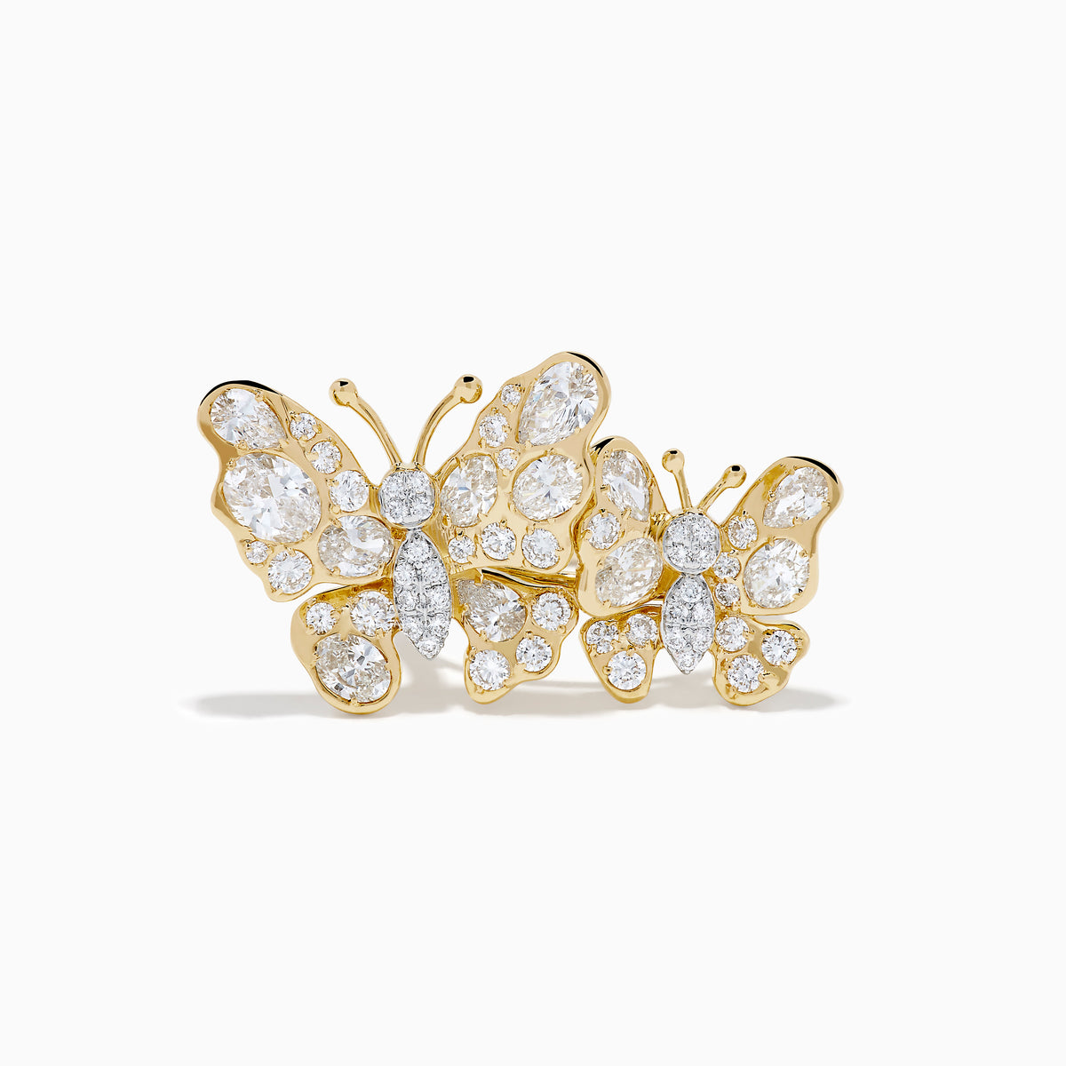 The Lab Grown Multi Shape Diamond Butterfly Ring in 14K Yellow Gold features two butterflies of varying sizes, each adorned with sparkling lab grown diamonds, displayed on a plain white background.