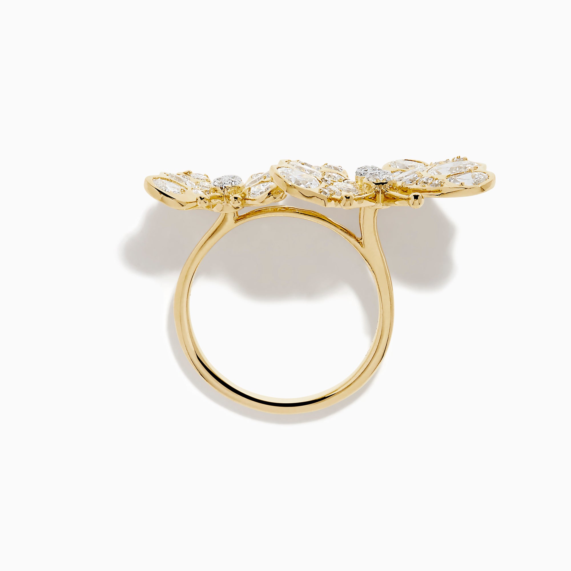 The Lab Grown Multi Shape Diamond Butterfly Ring in 14K Yellow Gold features two butterflies of varying sizes, each adorned with sparkling lab grown diamonds, displayed on a plain white background.