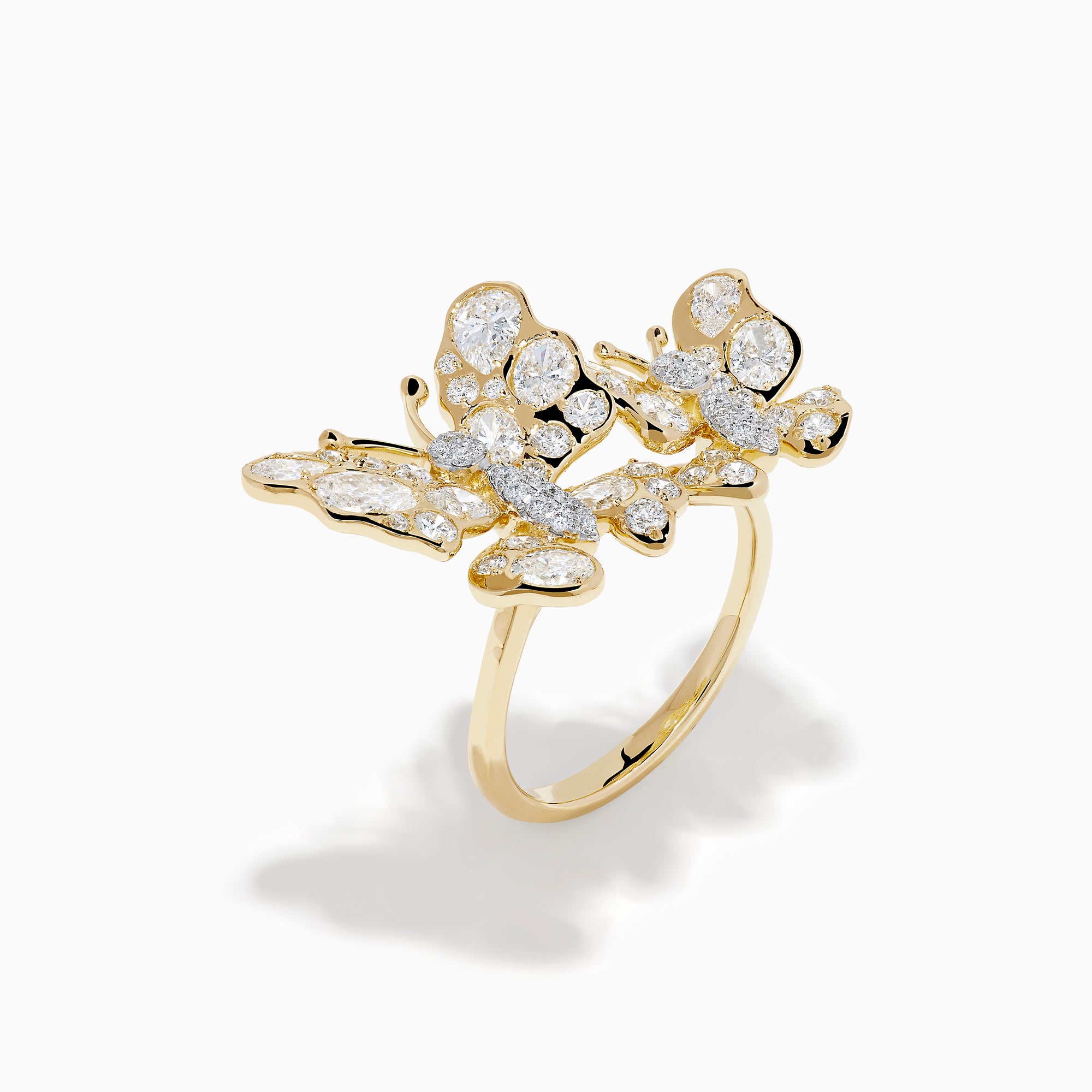 The Lab Grown Multi Shape Diamond Butterfly Ring in 14K Yellow Gold features two butterflies of varying sizes, each adorned with sparkling lab grown diamonds, displayed on a plain white background.