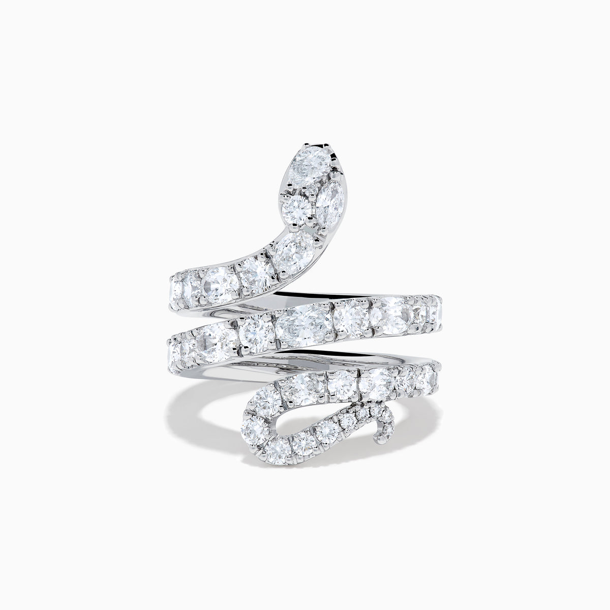 The Lab Grown Multi Shape Diamond Snake Wrap Around Ring in 14K White Gold features a coiled serpent design adorned with sparkling lab-grown diamonds, beautifully set against a plain white background.