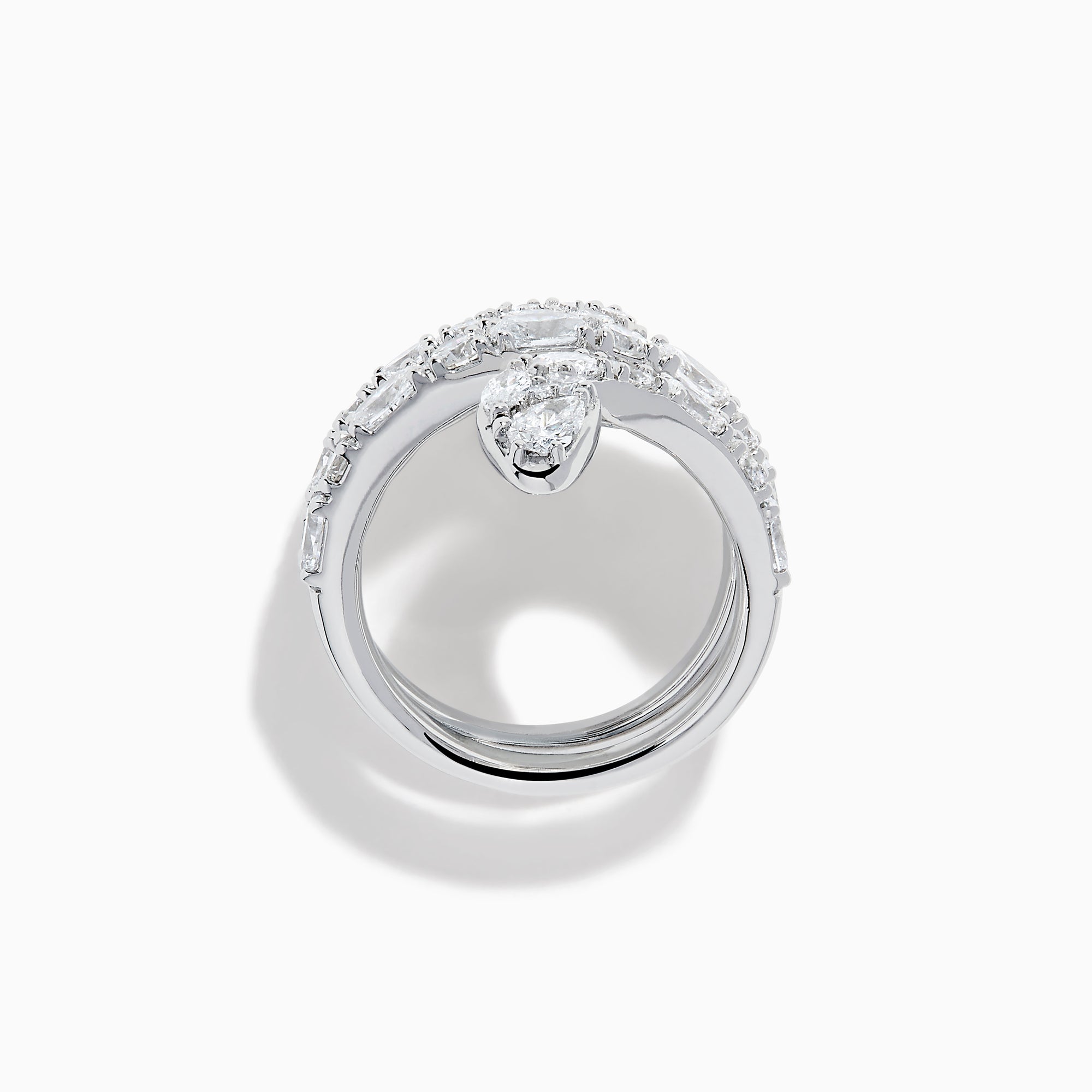 The Lab Grown Multi Shape Diamond Snake Wrap Around Ring in 14K White Gold features a coiled serpent design adorned with sparkling lab-grown diamonds, beautifully set against a plain white background.