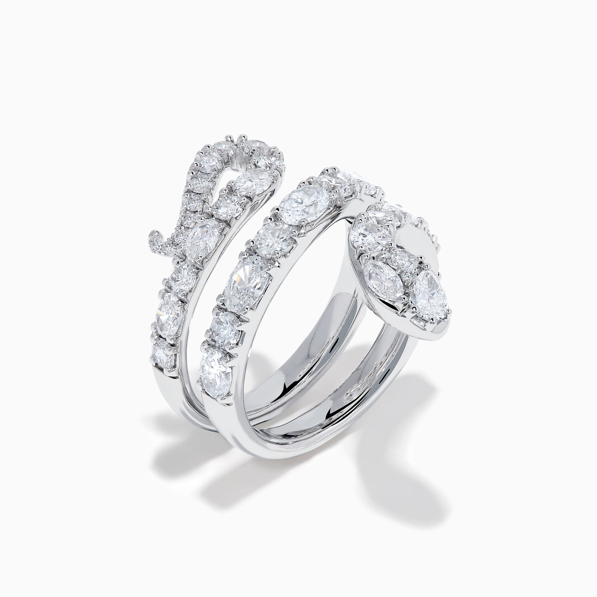 The Lab Grown Multi Shape Diamond Snake Wrap Around Ring in 14K White Gold features a coiled serpent design adorned with sparkling lab-grown diamonds, beautifully set against a plain white background.