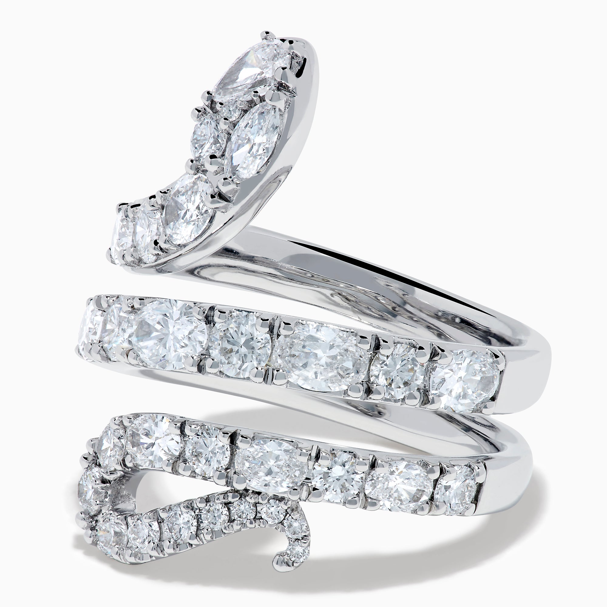 The Lab Grown Multi Shape Diamond Snake Wrap Around Ring in 14K White Gold features a coiled serpent design adorned with sparkling lab-grown diamonds, beautifully set against a plain white background.