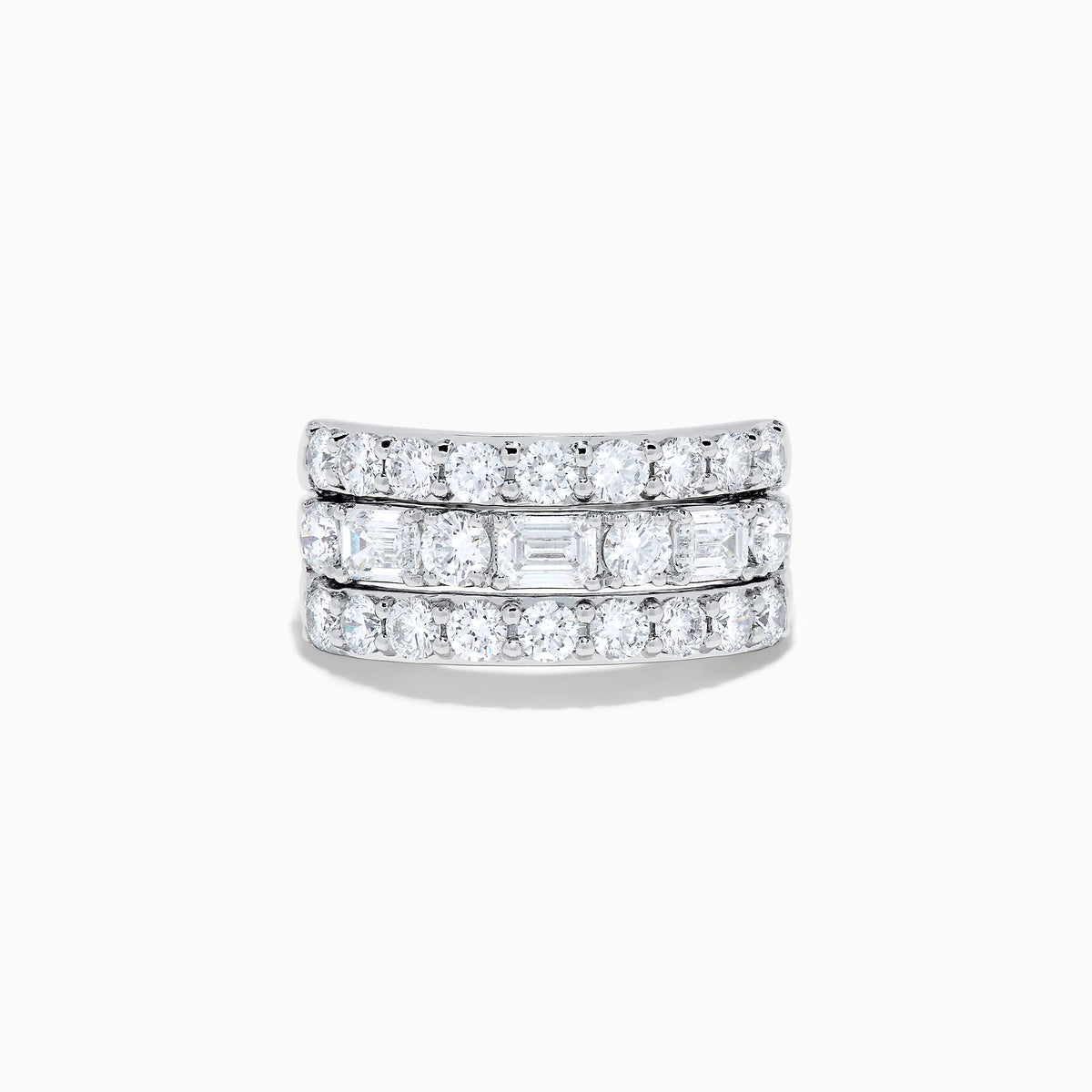 A close-up of the Lab Grown Multi Shape Diamond Wide Band in 14K White Gold, showcasing three rows of round and square diamonds in a curved, stacked design against a white background.
