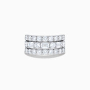 A close-up of the Lab Grown Multi Shape Diamond Wide Band in 14K White Gold, showcasing three rows of round and square diamonds in a curved, stacked design against a white background.