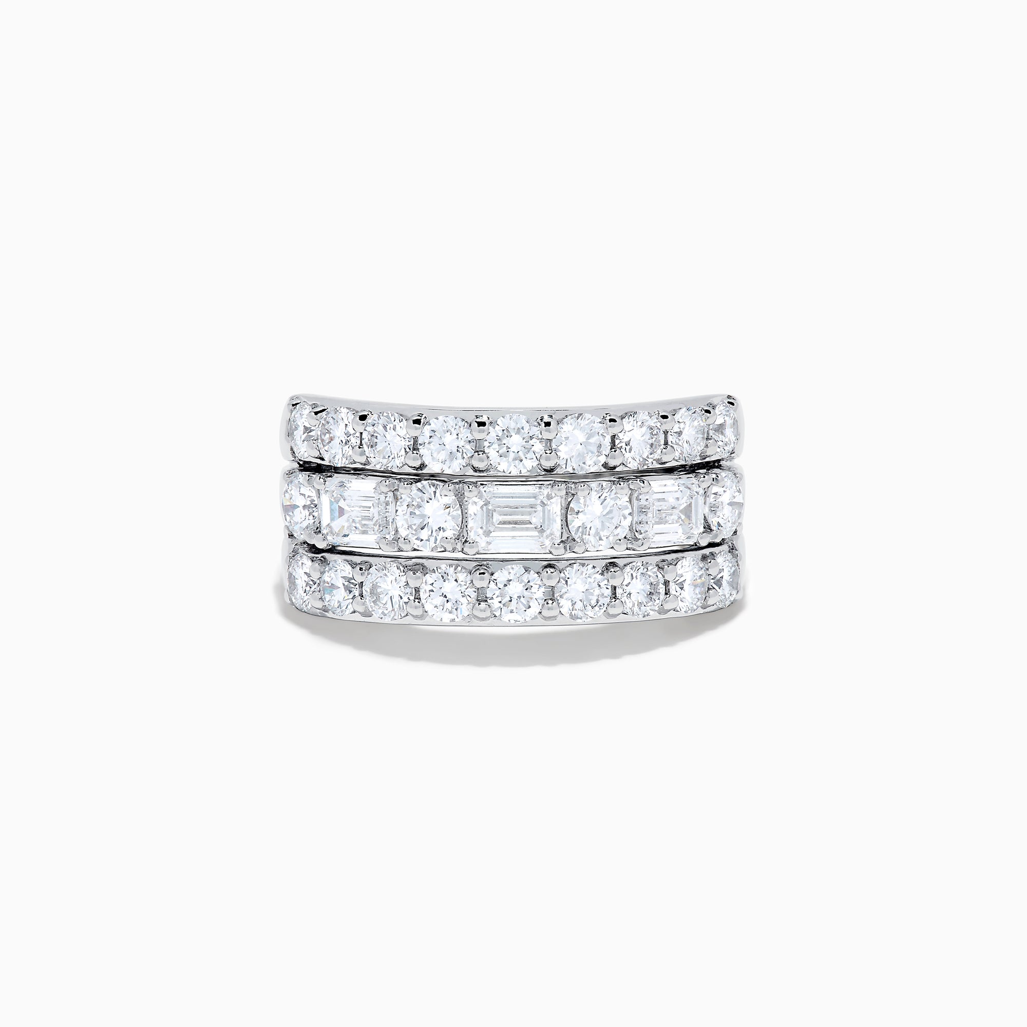 A close-up of the Lab Grown Multi Shape Diamond Wide Band in 14K White Gold, showcasing three rows of round and square diamonds in a curved, stacked design against a white background.