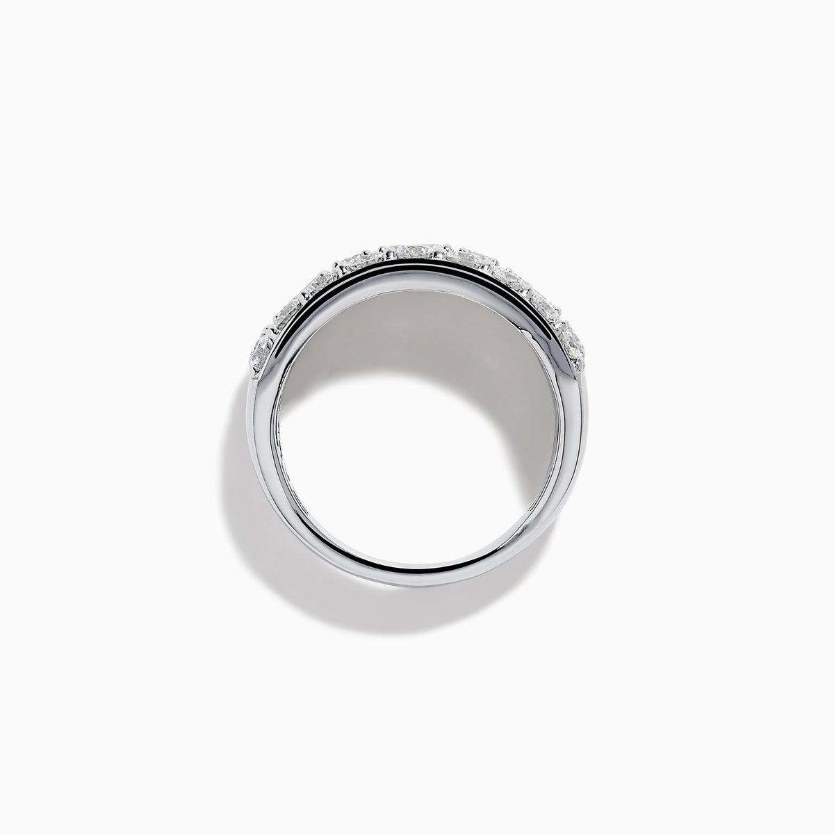 A close-up of the Lab Grown Multi Shape Diamond Wide Band in 14K White Gold, showcasing three rows of round and square diamonds in a curved, stacked design against a white background.