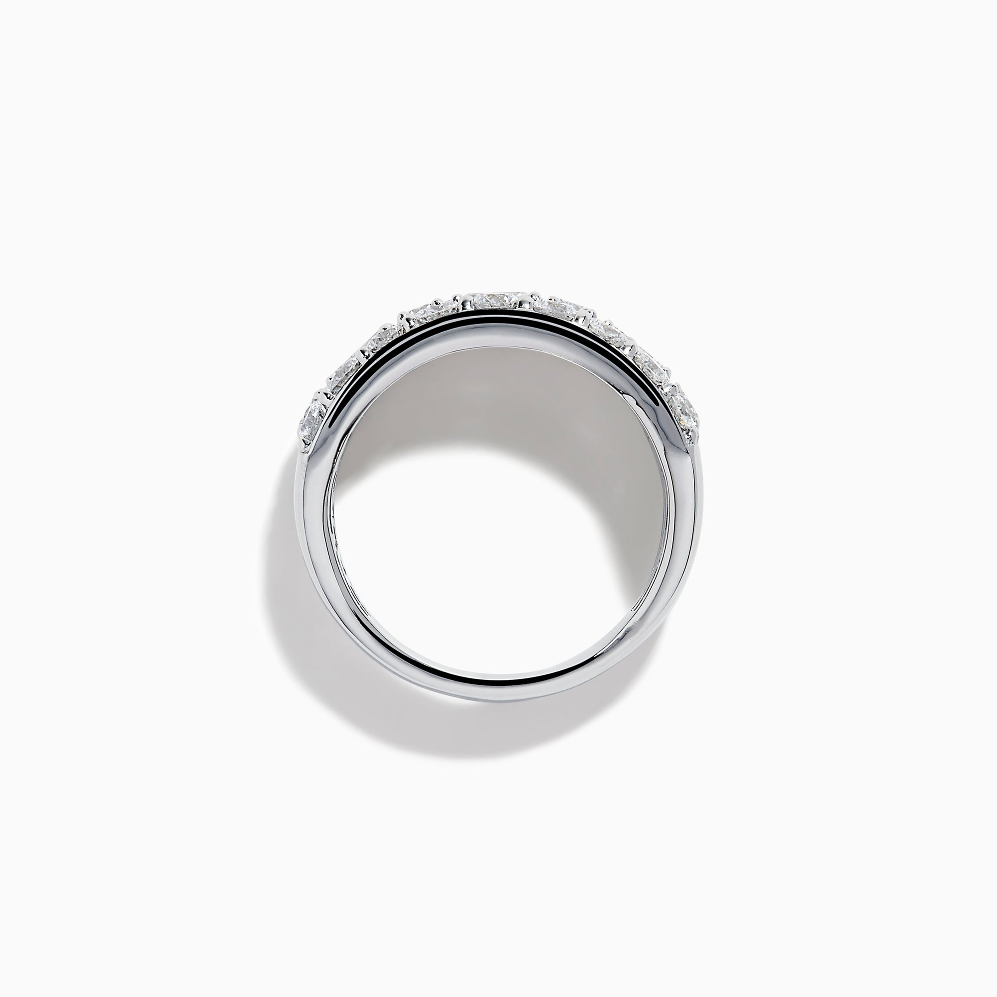 A close-up of the Lab Grown Multi Shape Diamond Wide Band in 14K White Gold, showcasing three rows of round and square diamonds in a curved, stacked design against a white background.