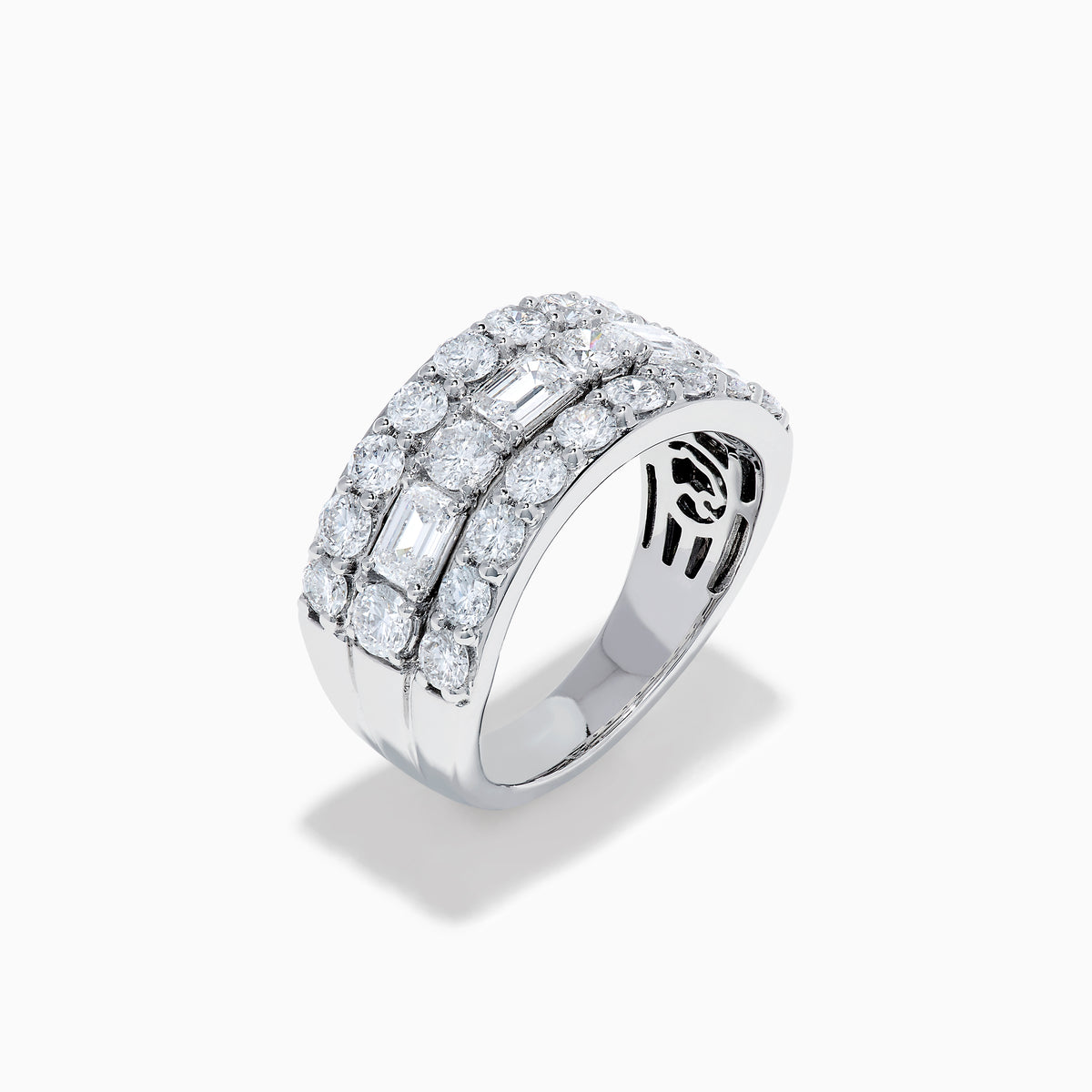 A close-up of the Lab Grown Multi Shape Diamond Wide Band in 14K White Gold, showcasing three rows of round and square diamonds in a curved, stacked design against a white background.