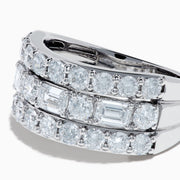 A close-up of the Lab Grown Multi Shape Diamond Wide Band in 14K White Gold, showcasing three rows of round and square diamonds in a curved, stacked design against a white background.