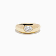 The Lab Grown Diamond Oval Bezel Pinky Ring in 14K Yellow Gold features a wide band and a prominent lab grown oval diamond set in the center.