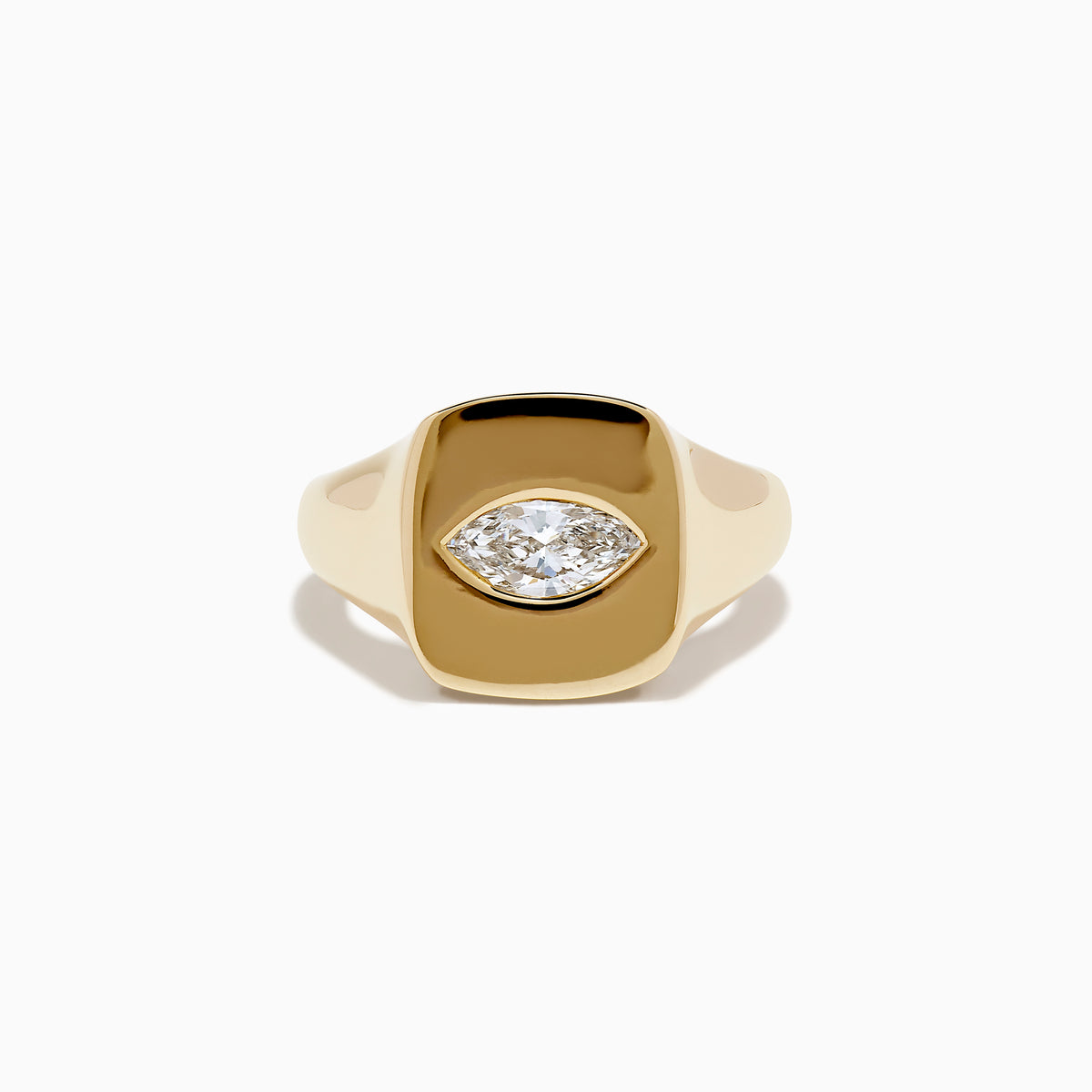 The Lab Grown Diamond Marquise Inset Signet Pinky Ring in 14K Yellow Gold features a flat, rectangular top with a central lab grown diamond, shown against a plain white background.