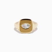The Lab Grown Diamond Marquise Inset Signet Pinky Ring in 14K Yellow Gold features a flat, rectangular top with a central lab grown diamond, shown against a plain white background.
