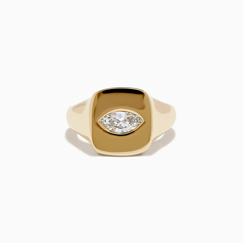The Lab Grown Diamond Marquise Inset Signet Pinky Ring in 14K Yellow Gold features a flat, rectangular top with a central lab grown diamond, shown against a plain white background.