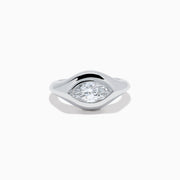 The Lab Grown Diamond Marquise Bezel Pinky Ring in 14K White Gold showcases a large marquise-shaped lab grown diamond set on a smooth, curved band, photographed against a white background.