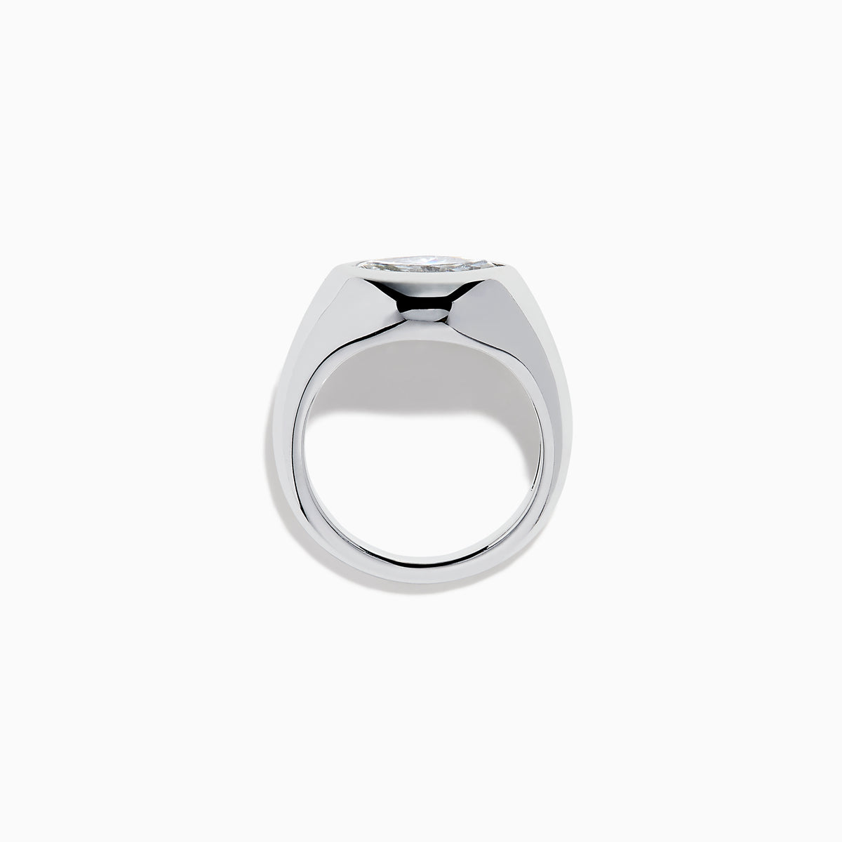 The Lab Grown Diamond Marquise Bezel Pinky Ring in 14K White Gold showcases a large marquise-shaped lab grown diamond set on a smooth, curved band, photographed against a white background.