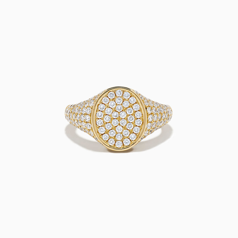 The Lab Grown Diamond Oval Pave Signet Pinky Ring in 14K yellow gold features a lustrous oval top and a band adorned with rows of sparkling lab grown diamonds, showcased on a white background.