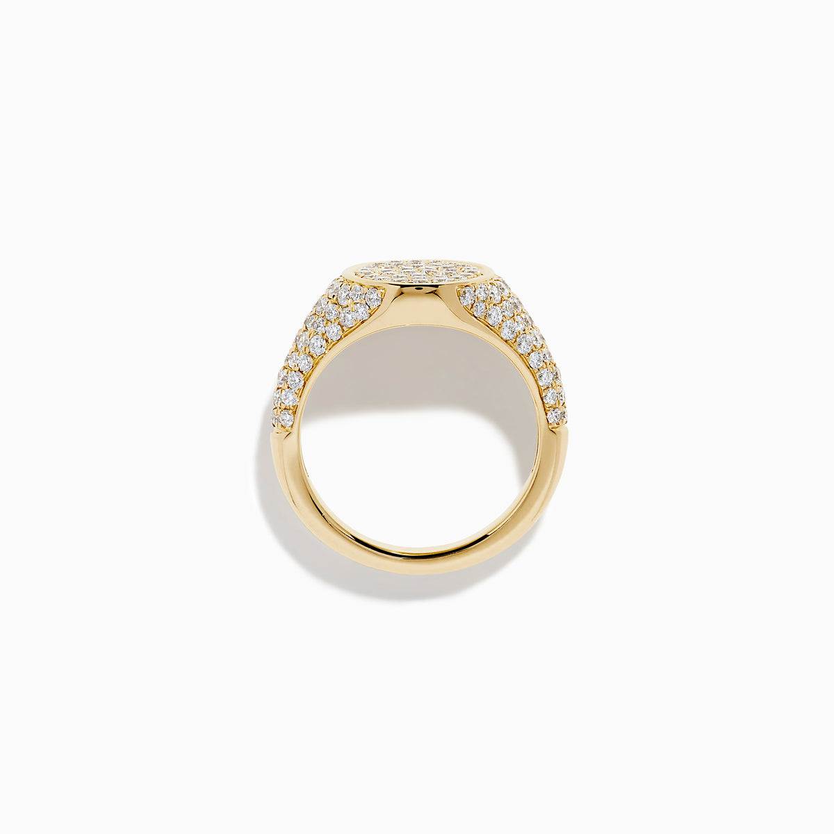 The Lab Grown Diamond Oval Pave Signet Pinky Ring in 14K yellow gold features a lustrous oval top and a band adorned with rows of sparkling lab grown diamonds, showcased on a white background.