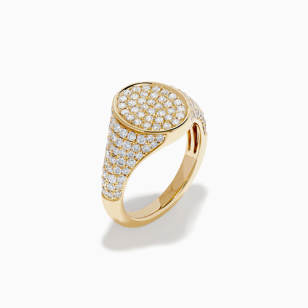 The Lab Grown Diamond Oval Pave Signet Pinky Ring in 14K yellow gold features a lustrous oval top and a band adorned with rows of sparkling lab grown diamonds, showcased on a white background.