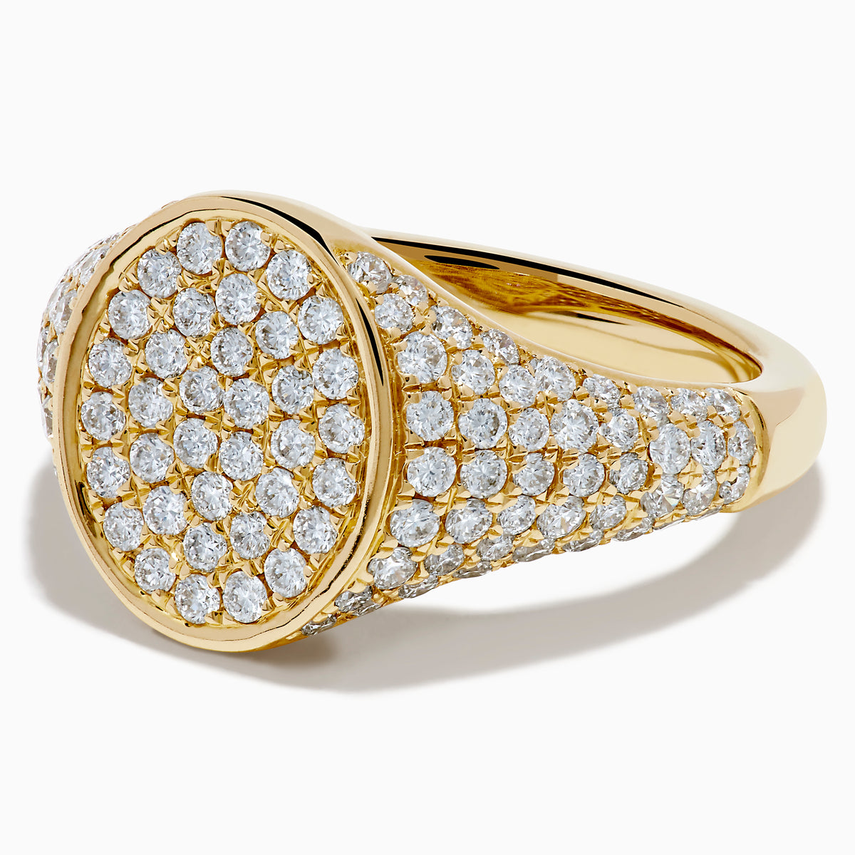 The Lab Grown Diamond Oval Pave Signet Pinky Ring in 14K yellow gold features a lustrous oval top and a band adorned with rows of sparkling lab grown diamonds, showcased on a white background.