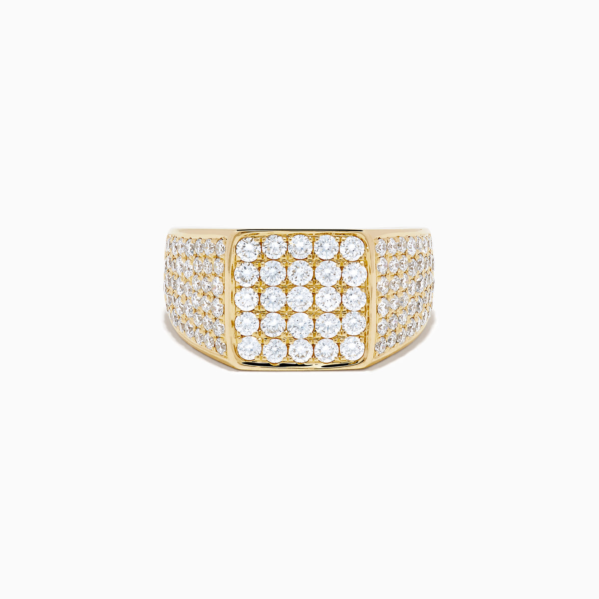 The Lab Grown Diamond Pave Men's Signet Pinky Ring in 14K Yellow Gold features a square face with rows of round lab-grown diamonds and additional pavé diamonds along the band, displayed on a plain white background.
