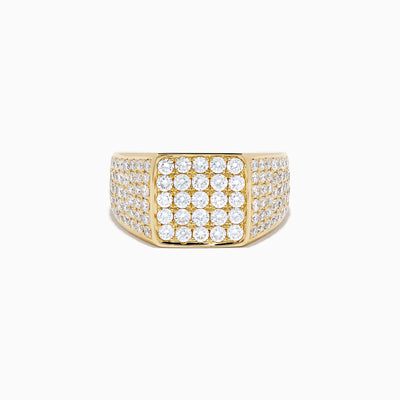 The Lab Grown Diamond Pave Men's Signet Pinky Ring in 14K Yellow Gold features a square face with rows of round lab-grown diamonds and additional pavé diamonds along the band, displayed on a plain white background.