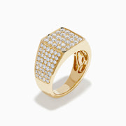 The Lab Grown Diamond Pave Men's Signet Pinky Ring in 14K Yellow Gold features a square face with rows of round lab-grown diamonds and additional pavé diamonds along the band, displayed on a plain white background.