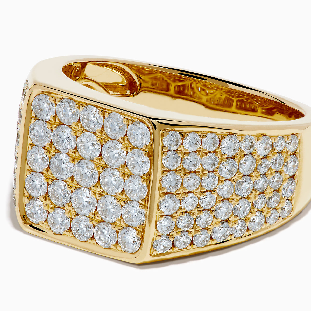 The Lab Grown Diamond Pave Men's Signet Pinky Ring in 14K Yellow Gold features a square face with rows of round lab-grown diamonds and additional pavé diamonds along the band, displayed on a plain white background.