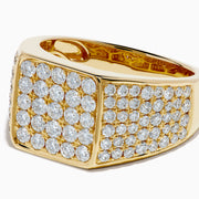 The Lab Grown Diamond Pave Men's Signet Pinky Ring in 14K Yellow Gold features a square face with rows of round lab-grown diamonds and additional pavé diamonds along the band, displayed on a plain white background.