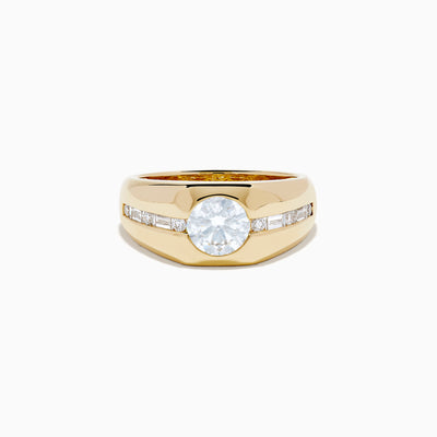 The Lab Grown Diamond Channel-Set Men's Pinky Ring in 14K Yellow Gold showcases a prominent round lab-grown diamond center and a channel-set row of square diamonds, displayed on a plain white background.